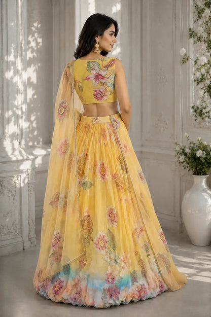 Yellow floral tebby organza lehenga choli with dupatta
