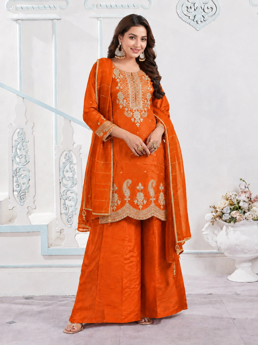 Orange Roman Silk embroidered kurta pant with dupatta