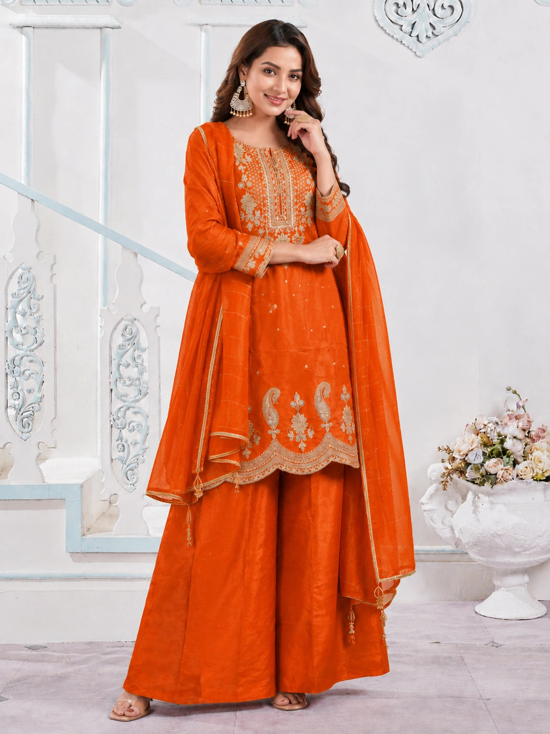 Orange Roman Silk embroidered kurta pant with dupatta