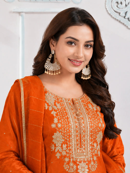 Orange Roman Silk embroidered kurta pant with dupatta