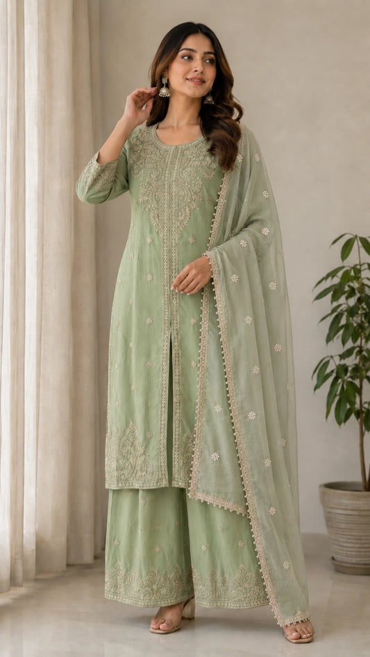 Pista Green Roman Silk embroidered kurta pant with dupatta