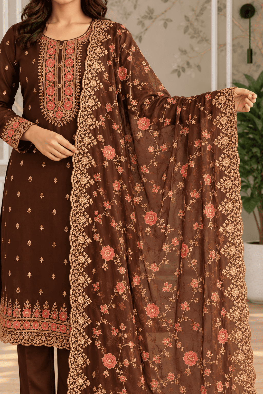Semi Stitched Dark Purple Georgette With Ornate Embroidery Suit Material