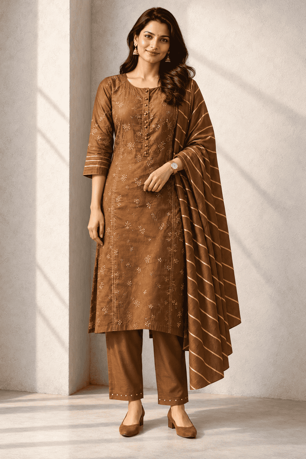 Chocolate brown silk kurta set with striped dupatta