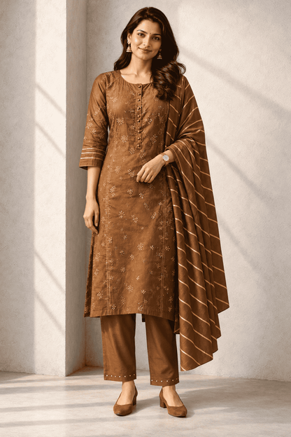 Chocolate brown silk kurta set with striped dupatta