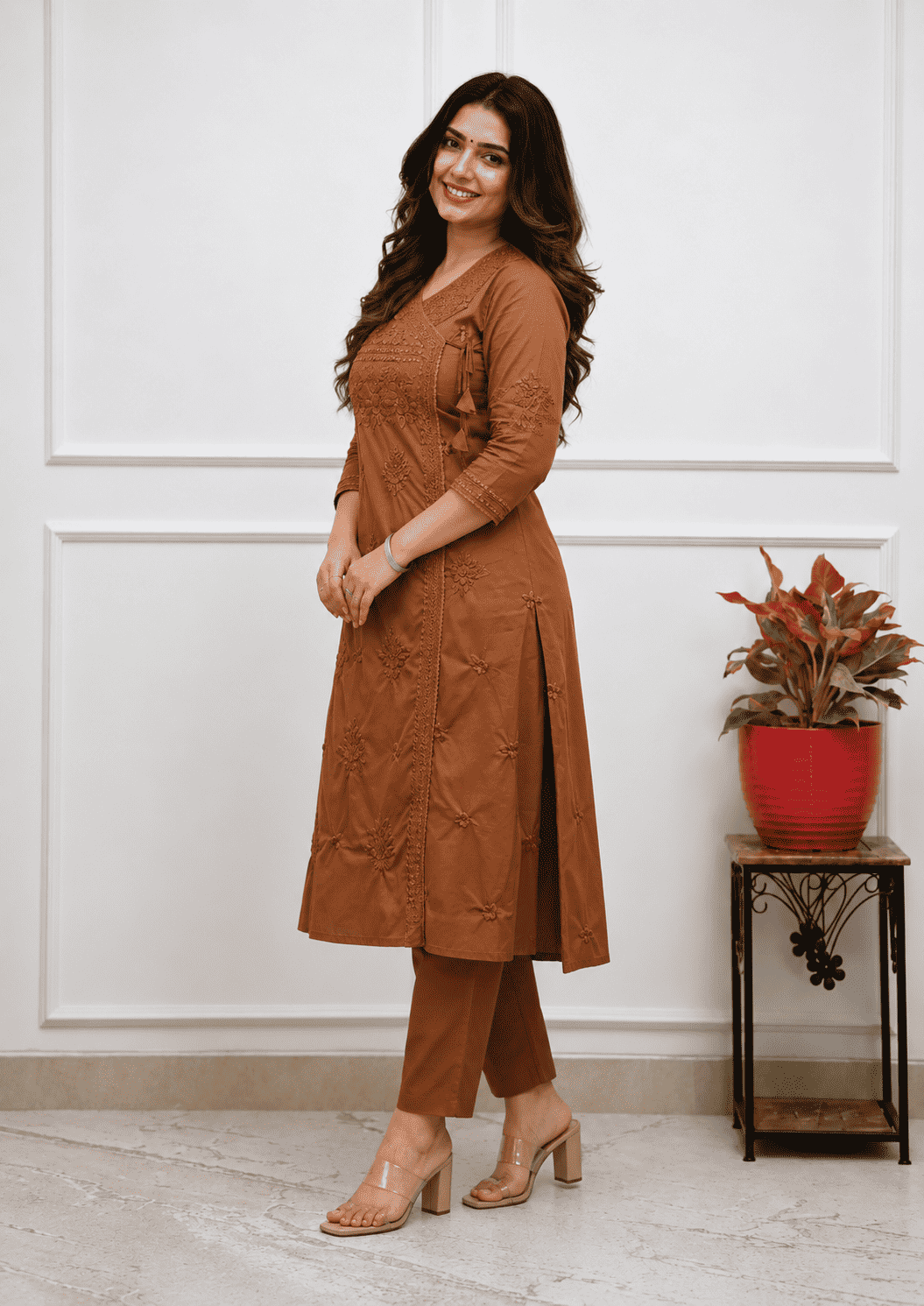 Brown Cotton blend angrakha style kurta with straight pant