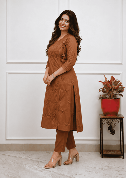 Brown Cotton blend angrakha style kurta with straight pant