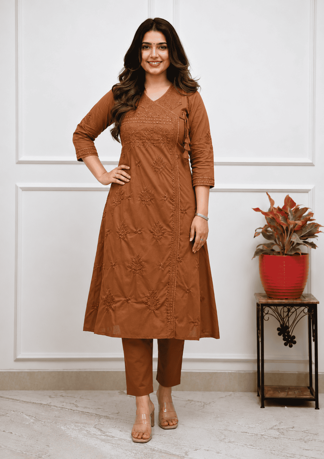 Brown Cotton blend angrakha style kurta with straight pant