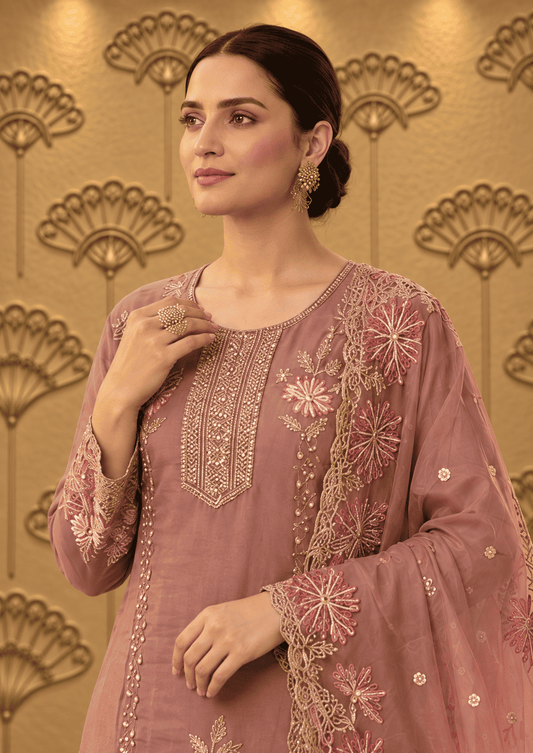 Semi-Stitched Champagne Brown Shimmer Organza With Multicoloured Thread Embroidery Suit Material