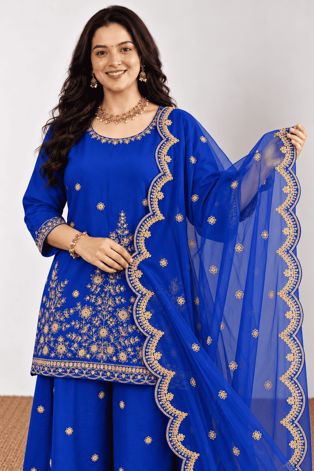 Royal Blue Cotton  Kurta Palazzo With Dupatta