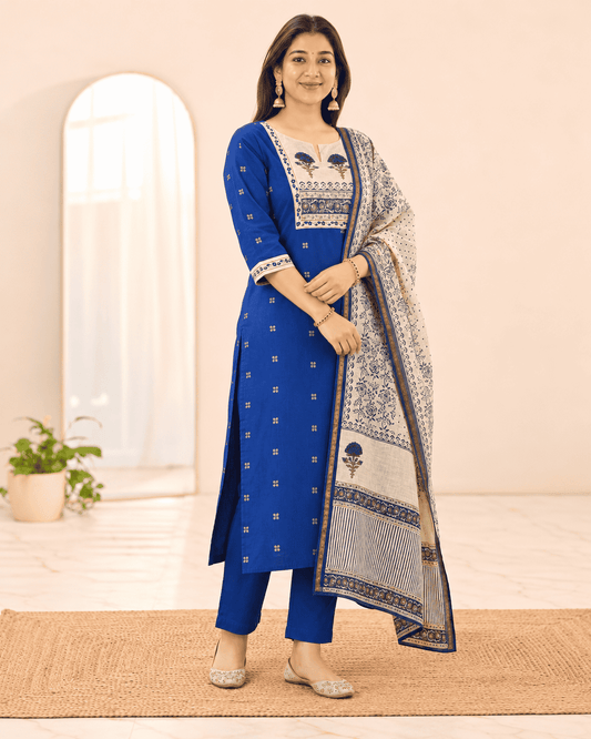 Blue Printed Cotton Kurta and pant with dupatta