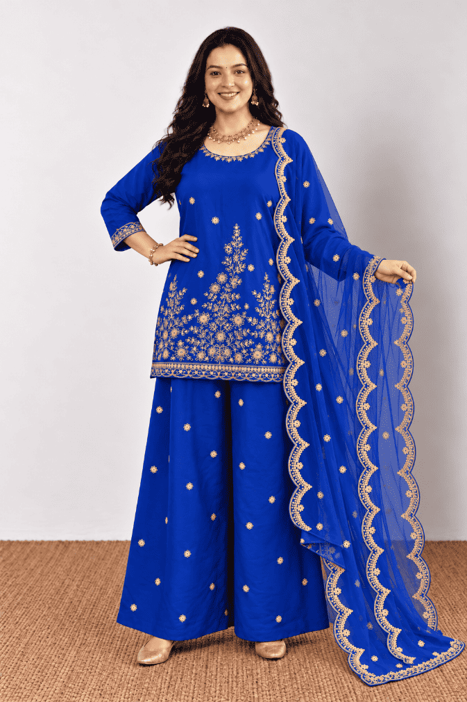 Royal Blue Cotton  Kurta Palazzo With Dupatta