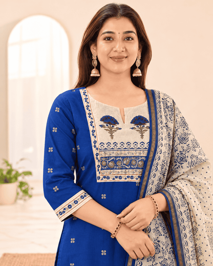 Blue Printed Cotton Kurta and pant with dupatta