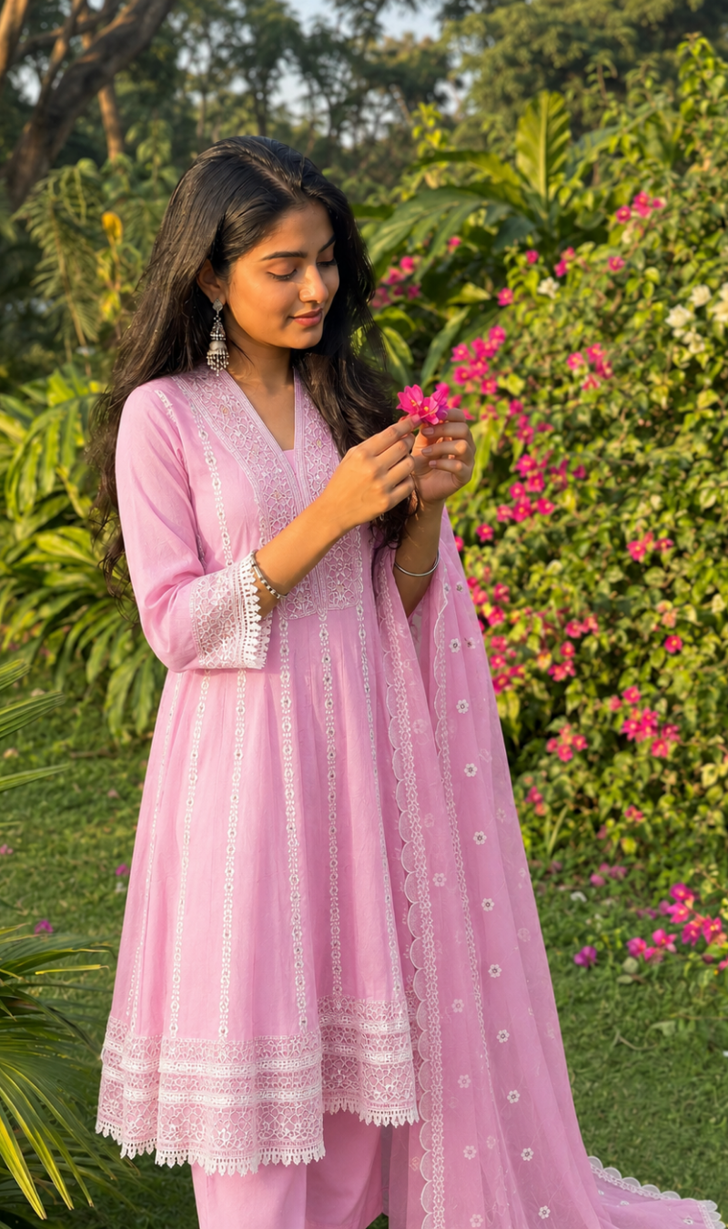 Baby Pink Embroidered Mul Cotton Kurta Pant and Dupatta