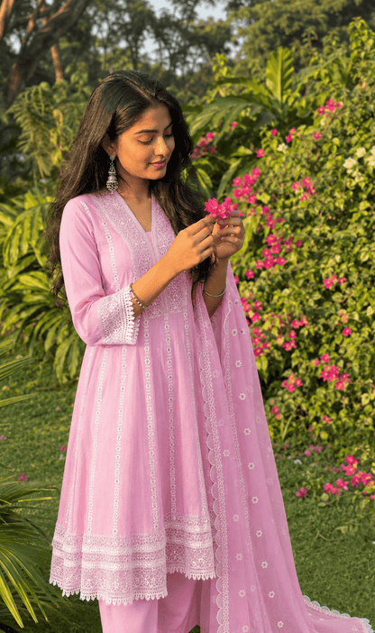 Baby Pink Embroidered Mul Cotton Kurta Pant and Dupatta