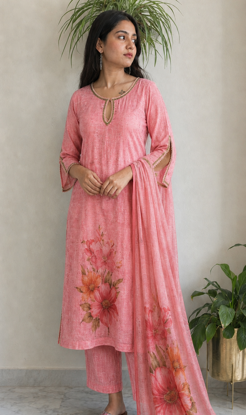 Pink Floral Printed Linen Kurta Pant and Dupatta