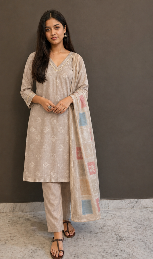 Beige Floral Printed Linen Kurta Pant and Dupatta Beige Floral Printed Linen Kurta Pant and Dupatta