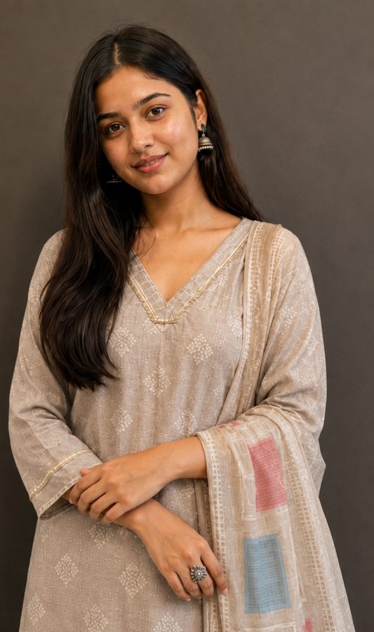 Beige Floral Printed Linen Kurta Pant and Dupatta Beige Floral Printed Linen Kurta Pant and Dupatta