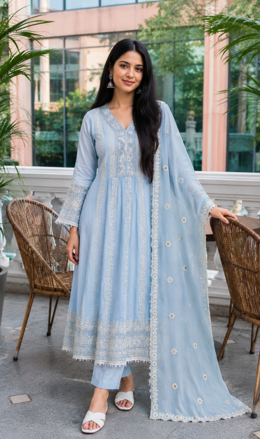 Sky Blue Embroidered Mul Cotton Kurta Pant and Dupatta
