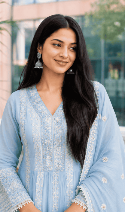 Sky Blue Embroidered Mul Cotton Kurta Pant and Dupatta