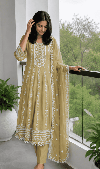 Beige Embroidered Mul Cotton Kurta Pant and Dupatta