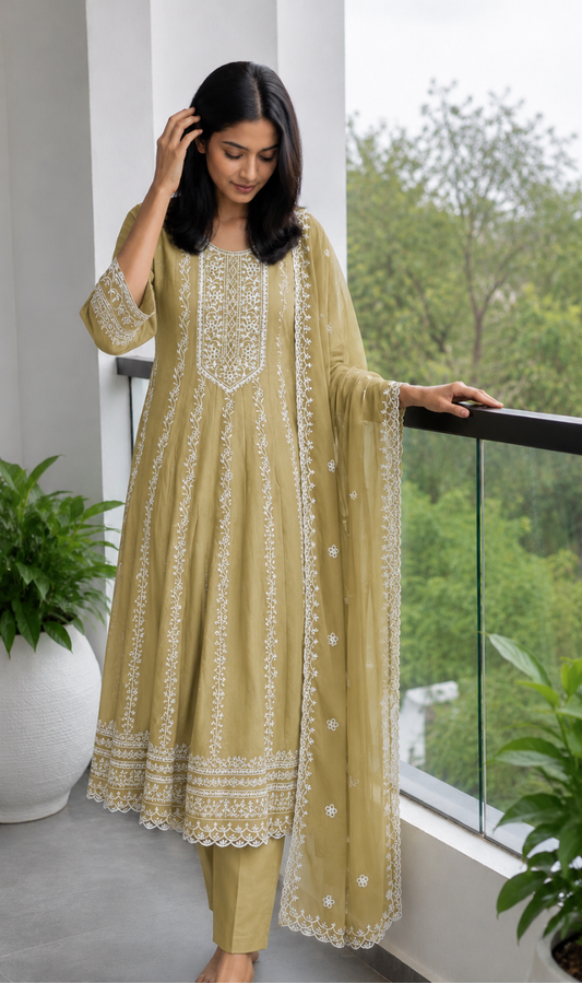 Beige Embroidered Mul Cotton Kurta Pant and Dupatta