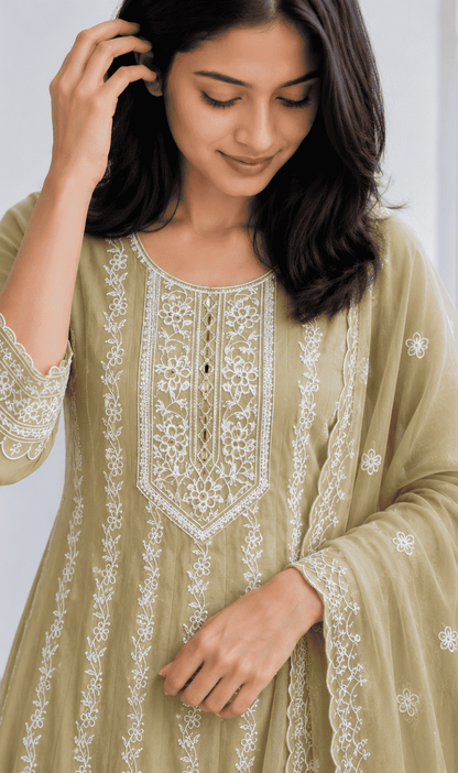 Beige Embroidered Mul Cotton Kurta Pant and Dupatta