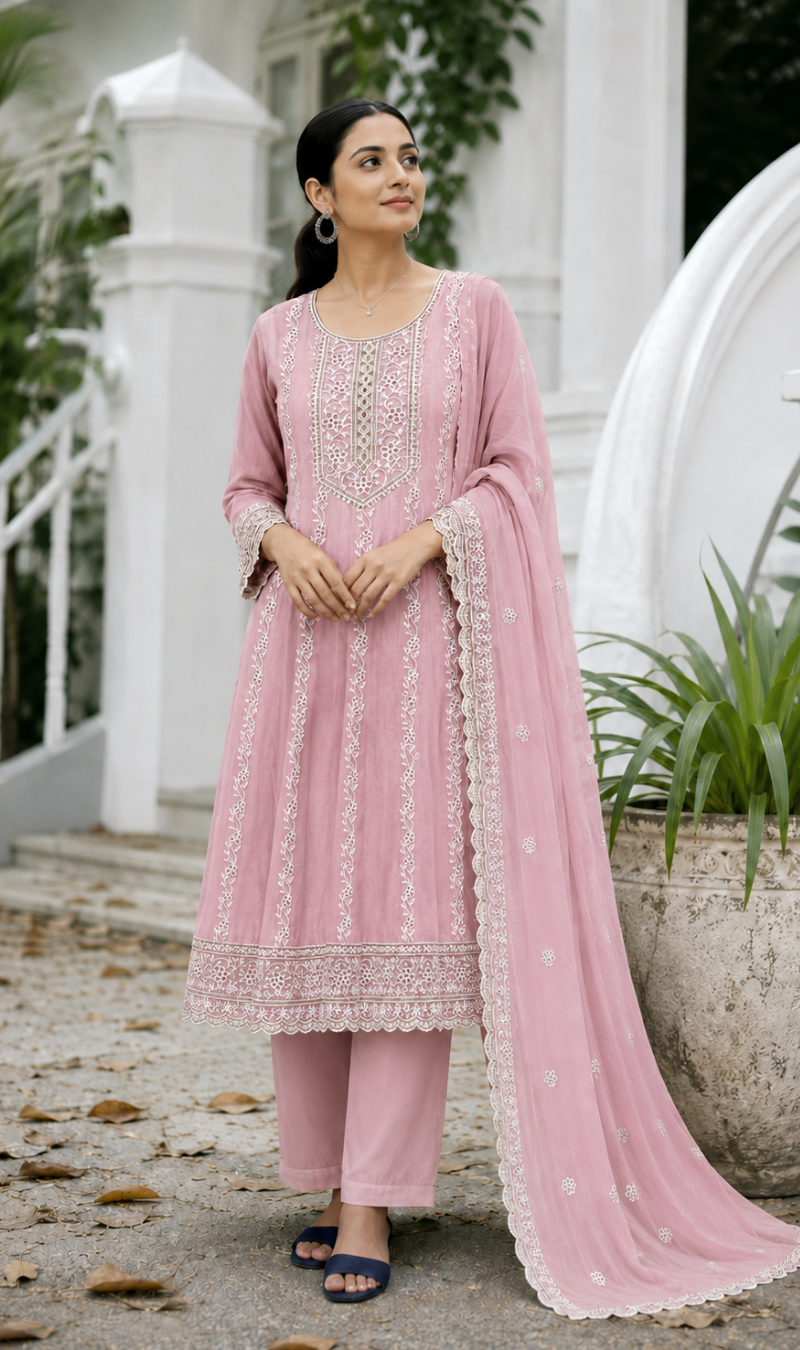 Pink Embroidered Mul Cotton Kurta Pant and Dupatta