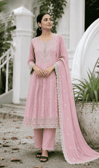 Pink Embroidered Mul Cotton Kurta Pant and Dupatta