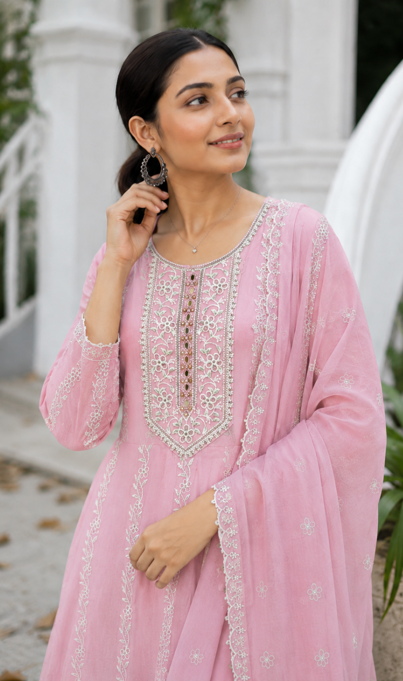Pink Embroidered Mul Cotton Kurta Pant and Dupatta