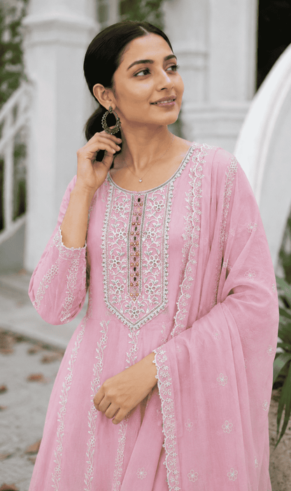 Pink Embroidered Mul Cotton Kurta Pant and Dupatta