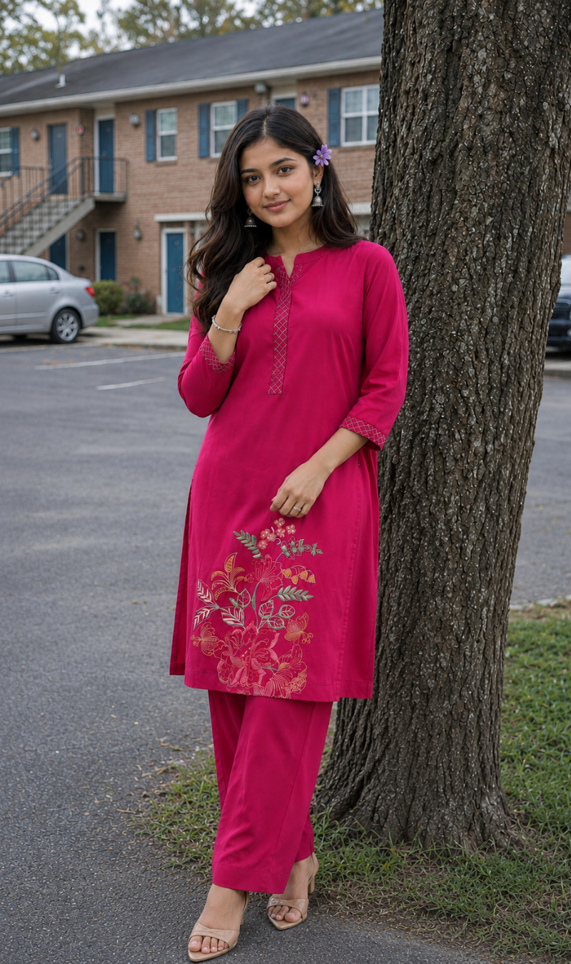 Pink Modal Cotton Embroidered Kurta Pant Set