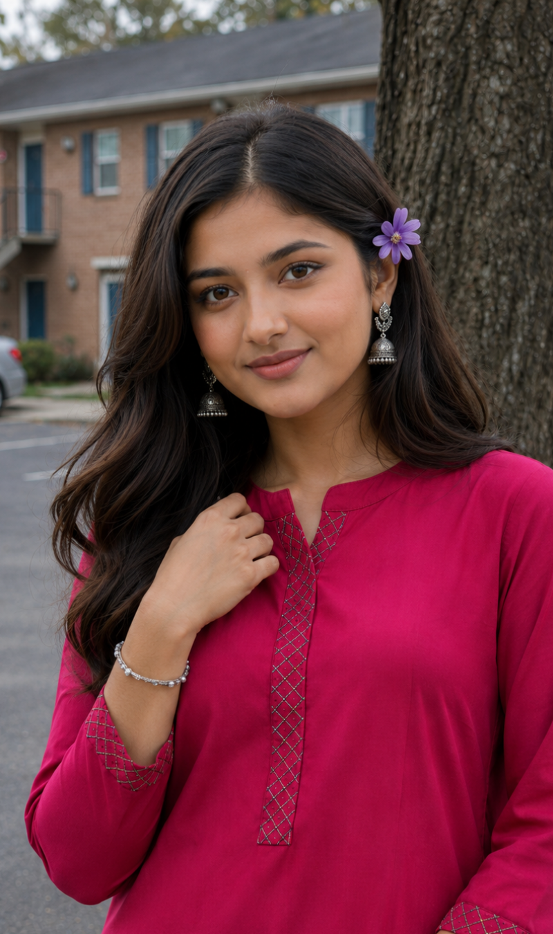 Pink Modal Cotton Embroidered Kurta Pant Set