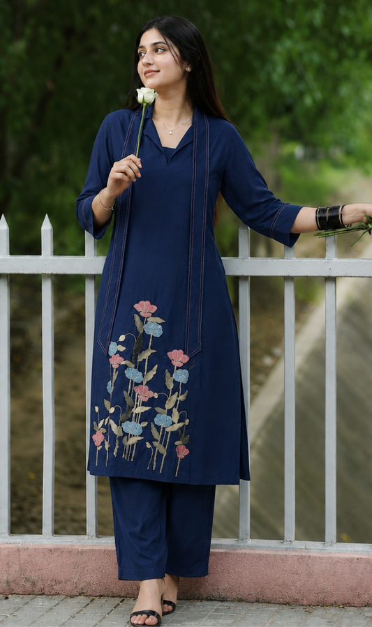 Navy Blue Modal Cotton Embroidered Kurta Pant Set