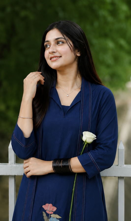 Navy Blue Modal Cotton Embroidered Kurta Pant Set