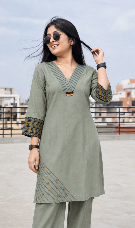 Grey Embroidered Cotton Blend Kurta Pant Set