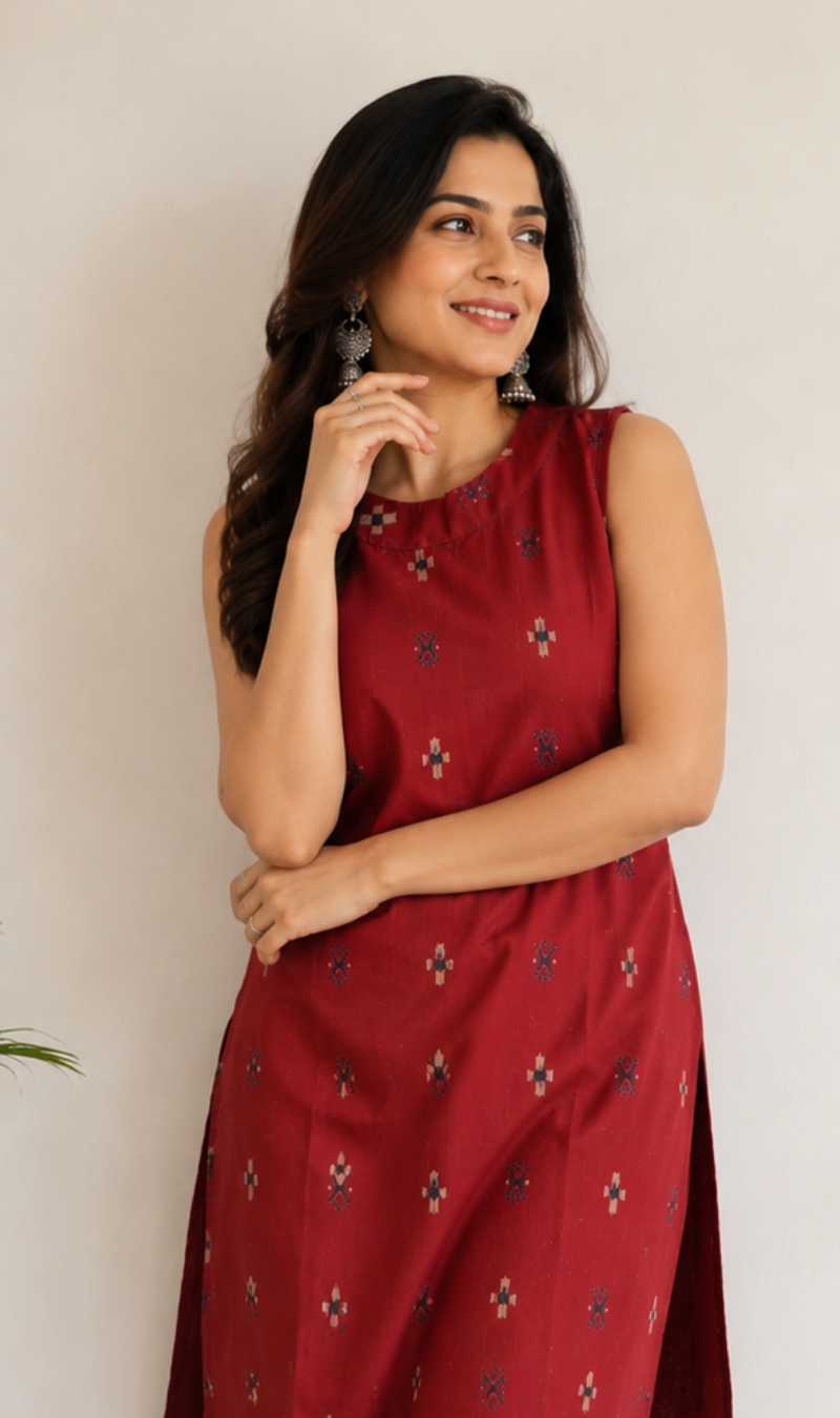 Rust Cotton Blend Printed Kurta Pant Set