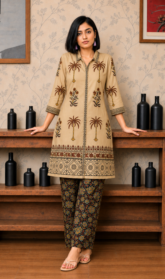 Beige Printed Cotton Blend Kurta Pant Set