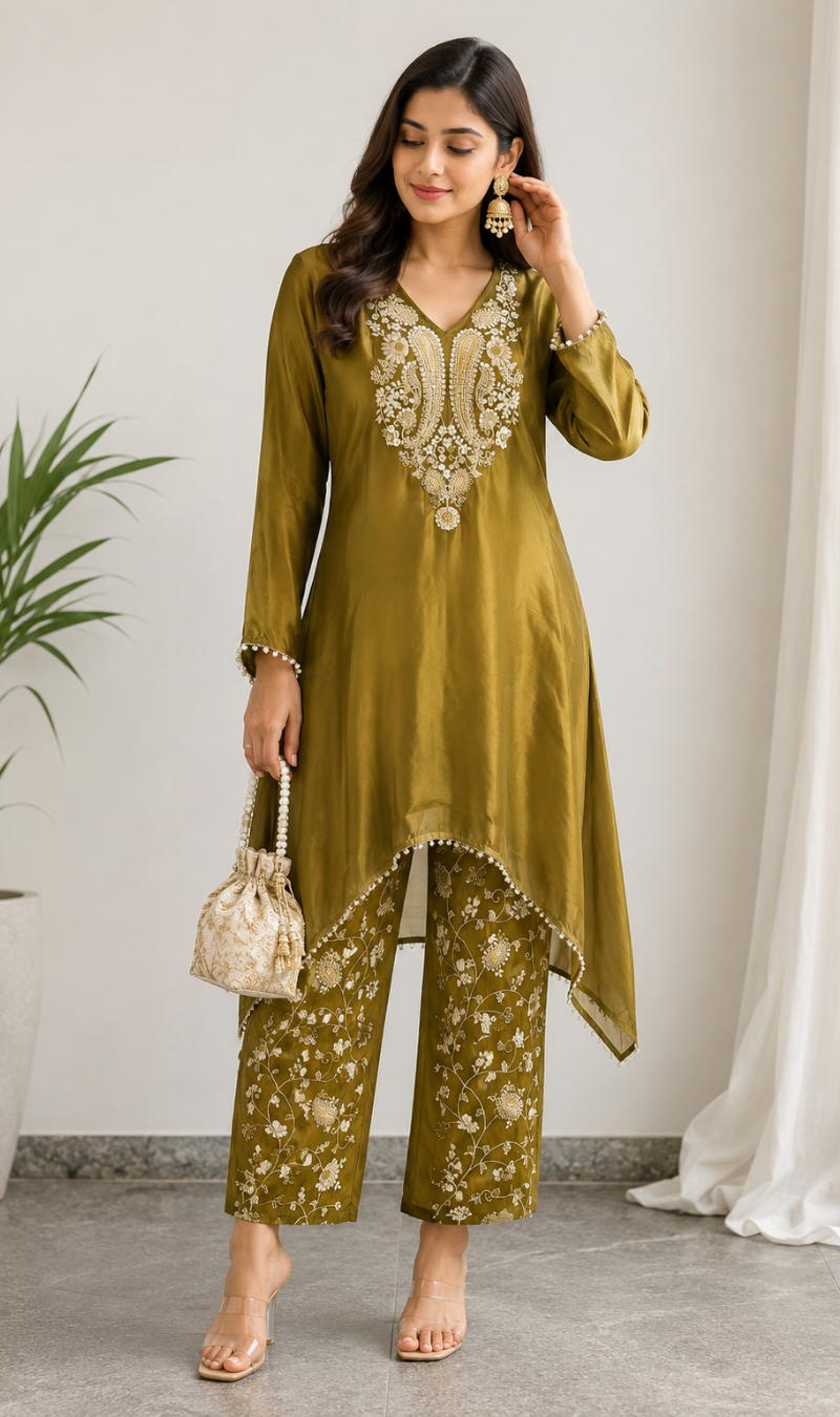 Mustard Embroidered Tissue Fabric Kurta Pant Set