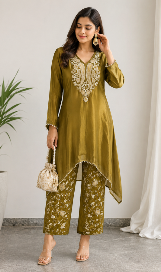 Mustard Embroidered Tissue Fabric Kurta Pant Set