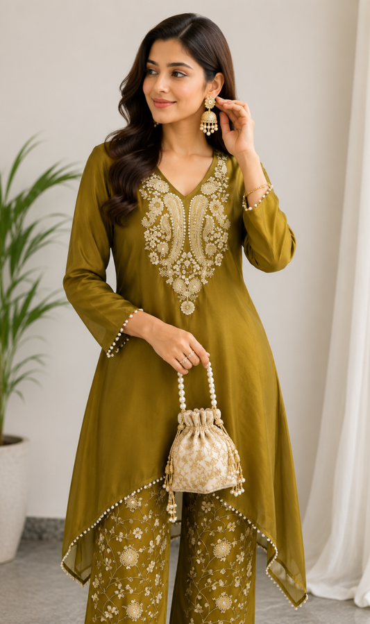 Mustard Embroidered Tissue Fabric Kurta Pant Set