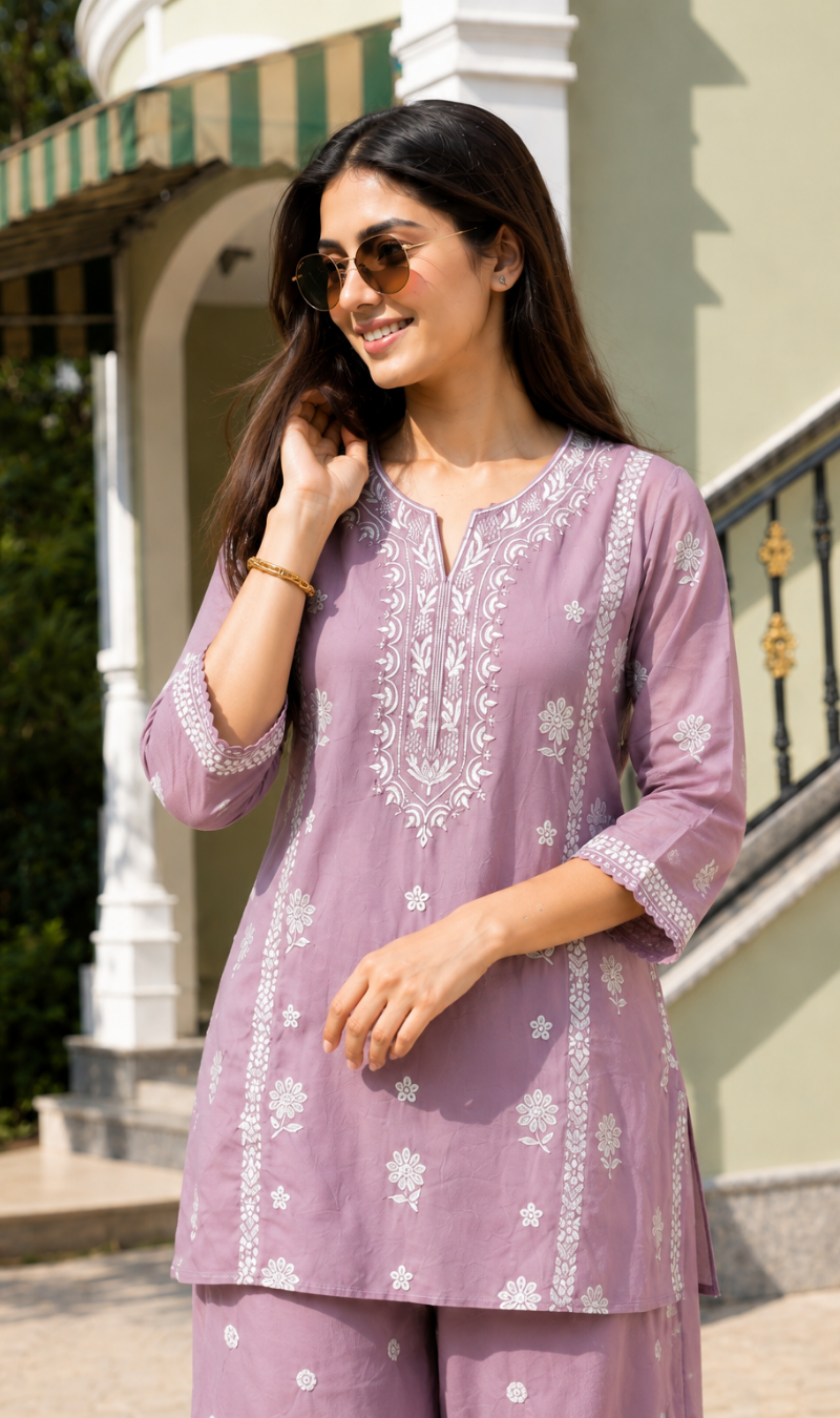 Lilac Mul Chanderi White Thread Embroidered Kurta Pant Set