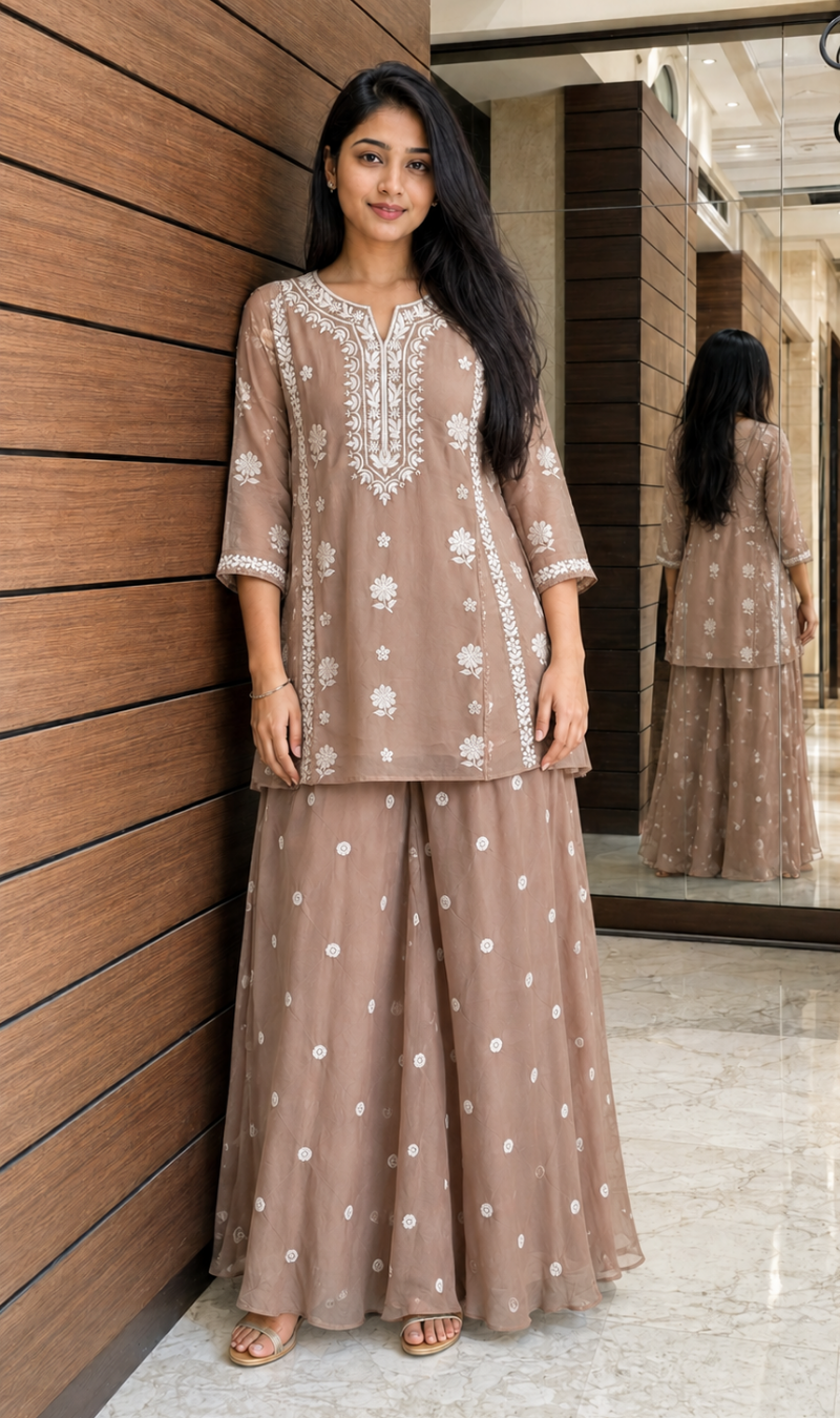 Beige Mul Chanderi White Thread Embroidered Kurta Pant Set