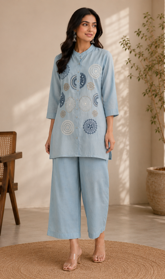 Sky Blue Butter Crepe Embroidered Kurta Pant Set