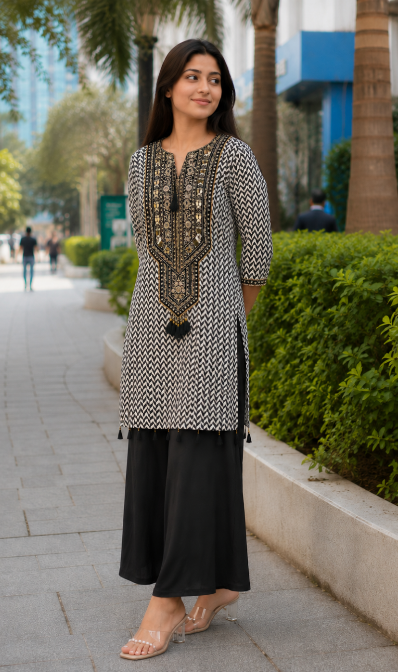 Black Muslin Subtle Embroidered and Printed Kurta Pant Set