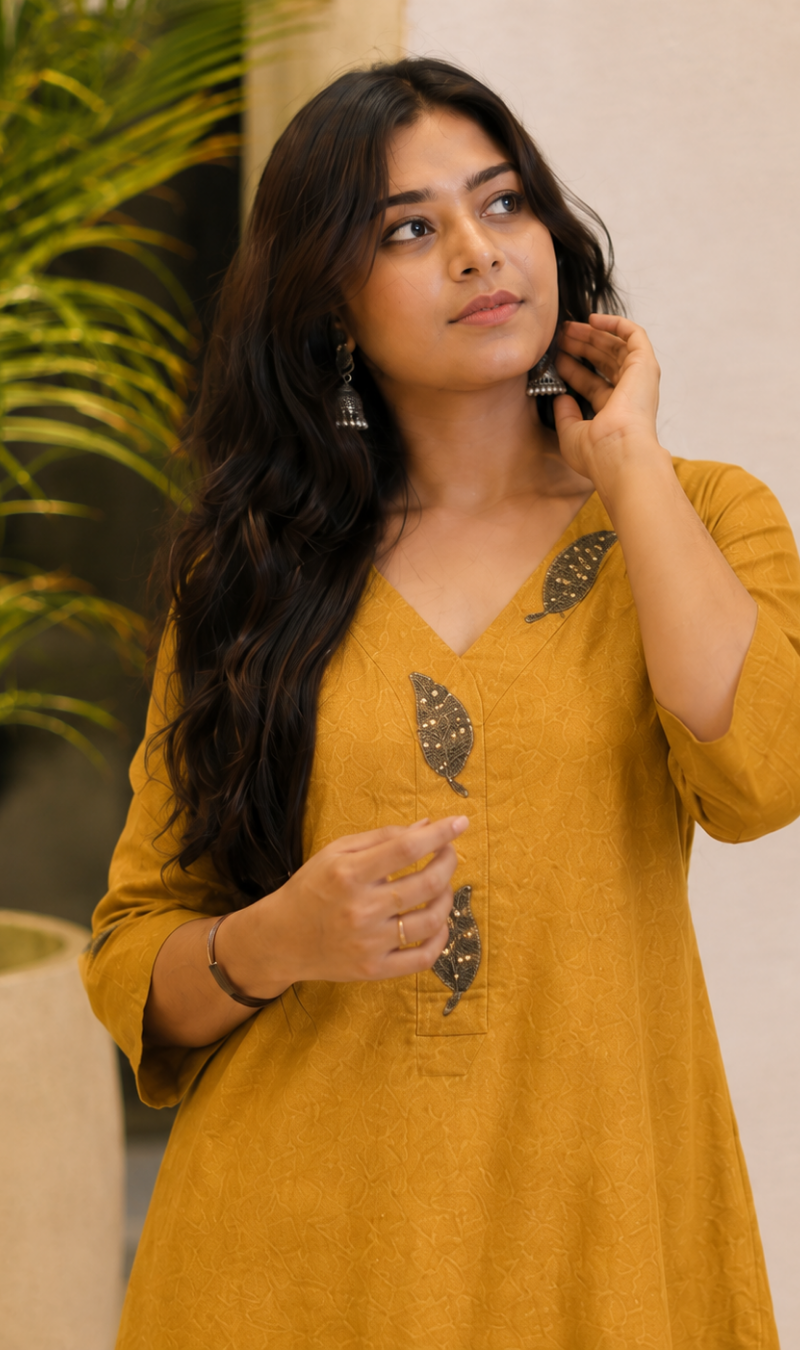 Mustard Embroidered Dola Silk Kurta Pant Set