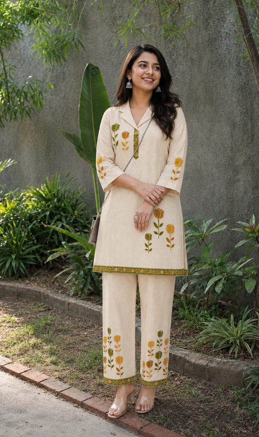 Off-White Khadi Cotton Applique Work Kurta Pant Set