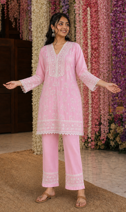 Pink Chikankari Mul Cotton Kurta Pant Set