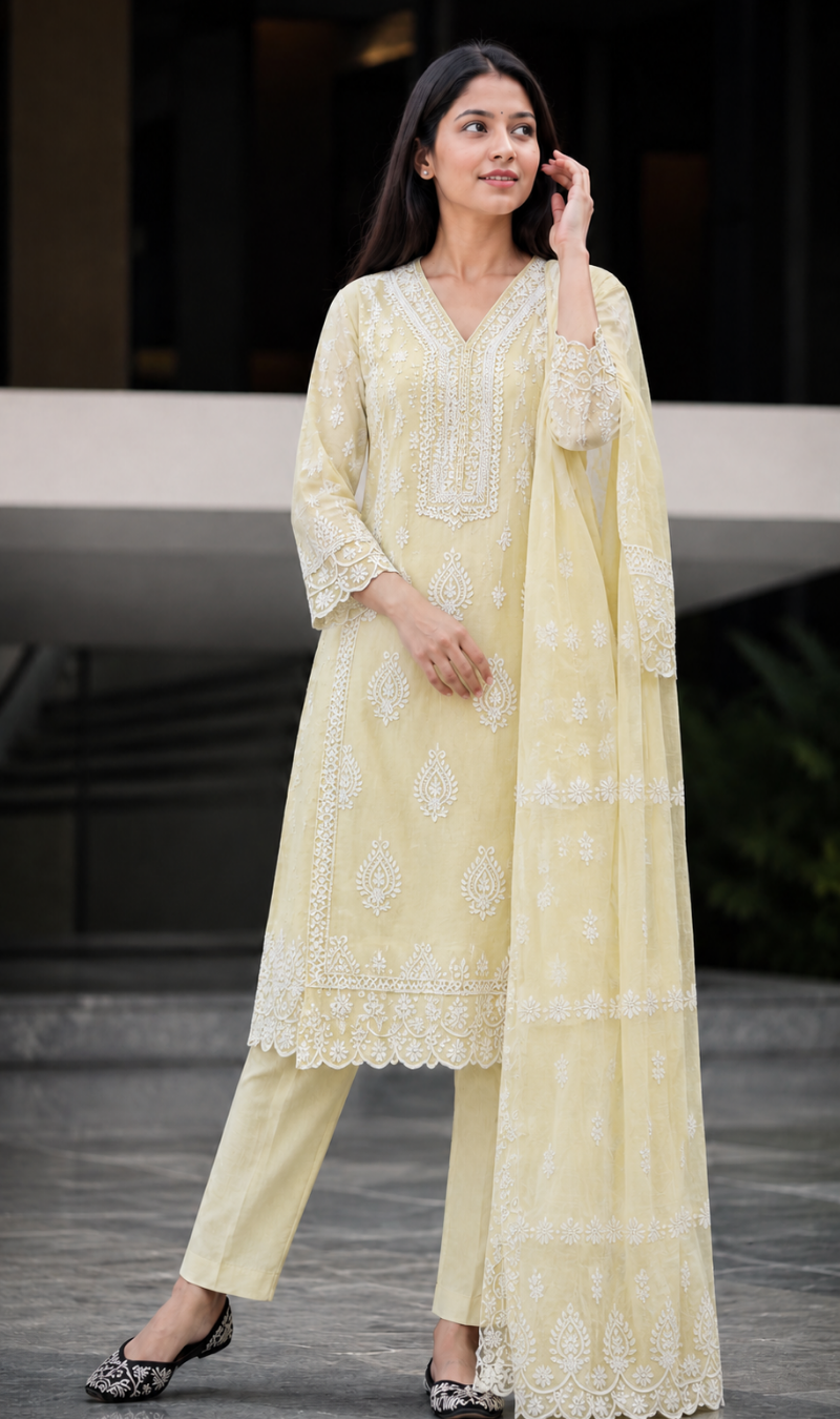 Off-White Chikankari Embroidered Mul Cotton Kurta Pant With Dupatta