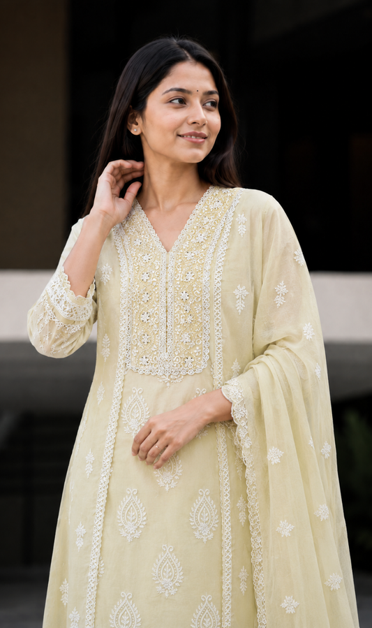 Off-White Chikankari Embroidered Mul Cotton Kurta Pant With Dupatta