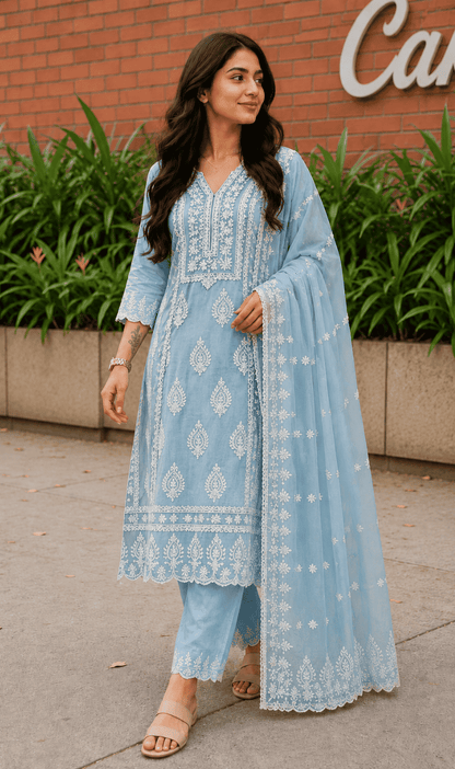 Sky Blue Chikankari Embroidered Mul Cotton Kurta Pant With Dupatta